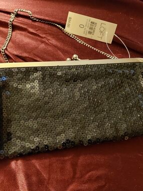 LOFT Black Sequin Clutch with Silver Chain